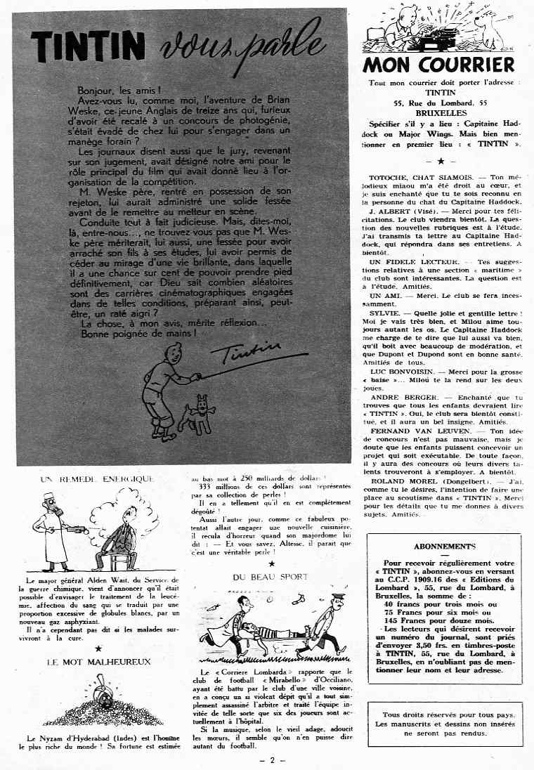 Page n 2 du Journal de TINTIN dition Belge N 8 du 14 Novembre 1946